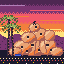 Pixel-art boulder pile at sunset
